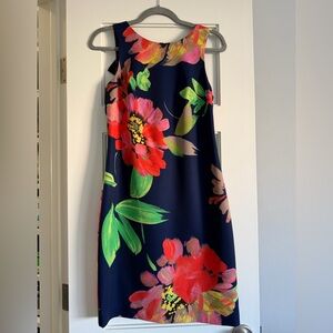 Trina Turk Navy Dress with Red and Green Floral Design